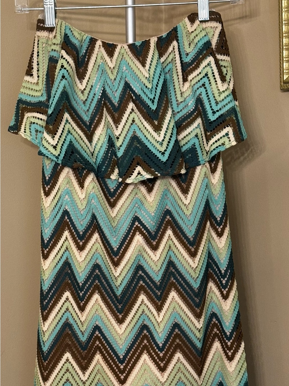 Judith March Off-Shoulder Chevron Maxi Dress in Green, Teal, Cream & Brown
